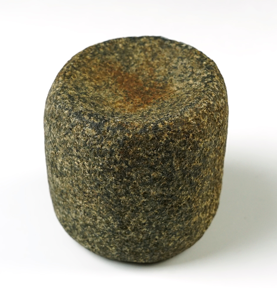 Unique 2 1/4" x 2" diameter Barrel Discoidal made from patinated Hardstone. Pennsylvania.