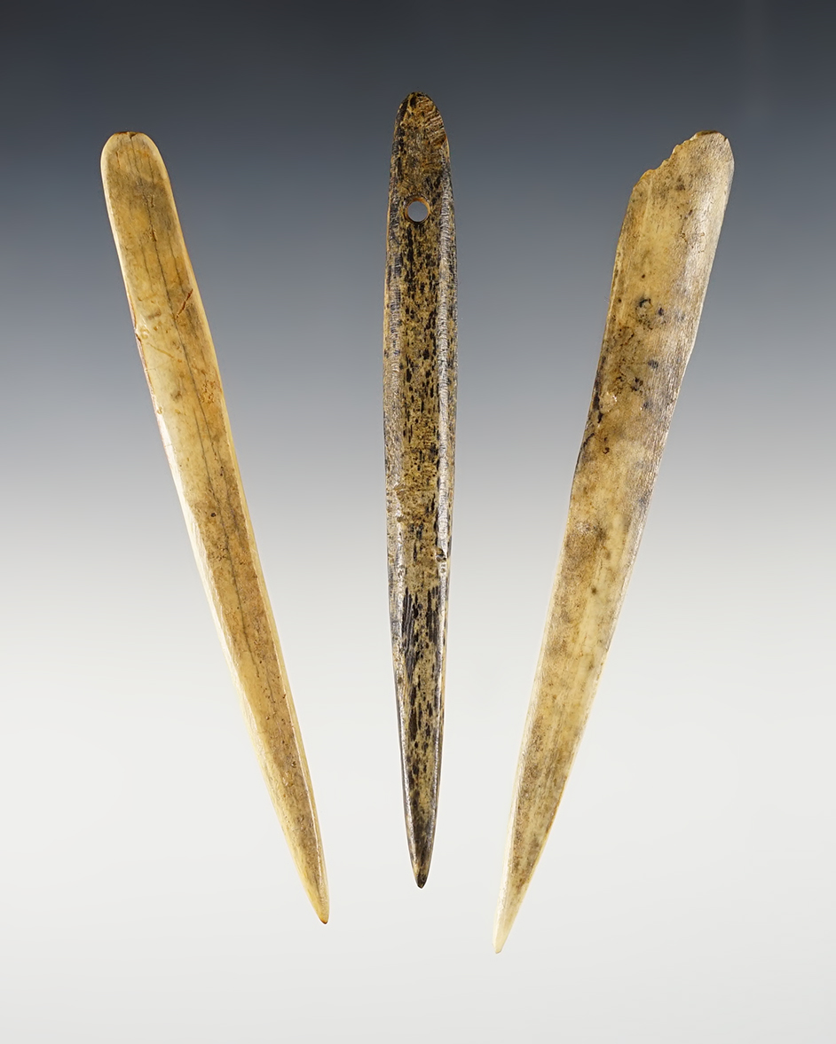 Set of 3 Bone artifacts including 2 Awls and 1 Needle. All found in Pulaski Co., Kentucky.