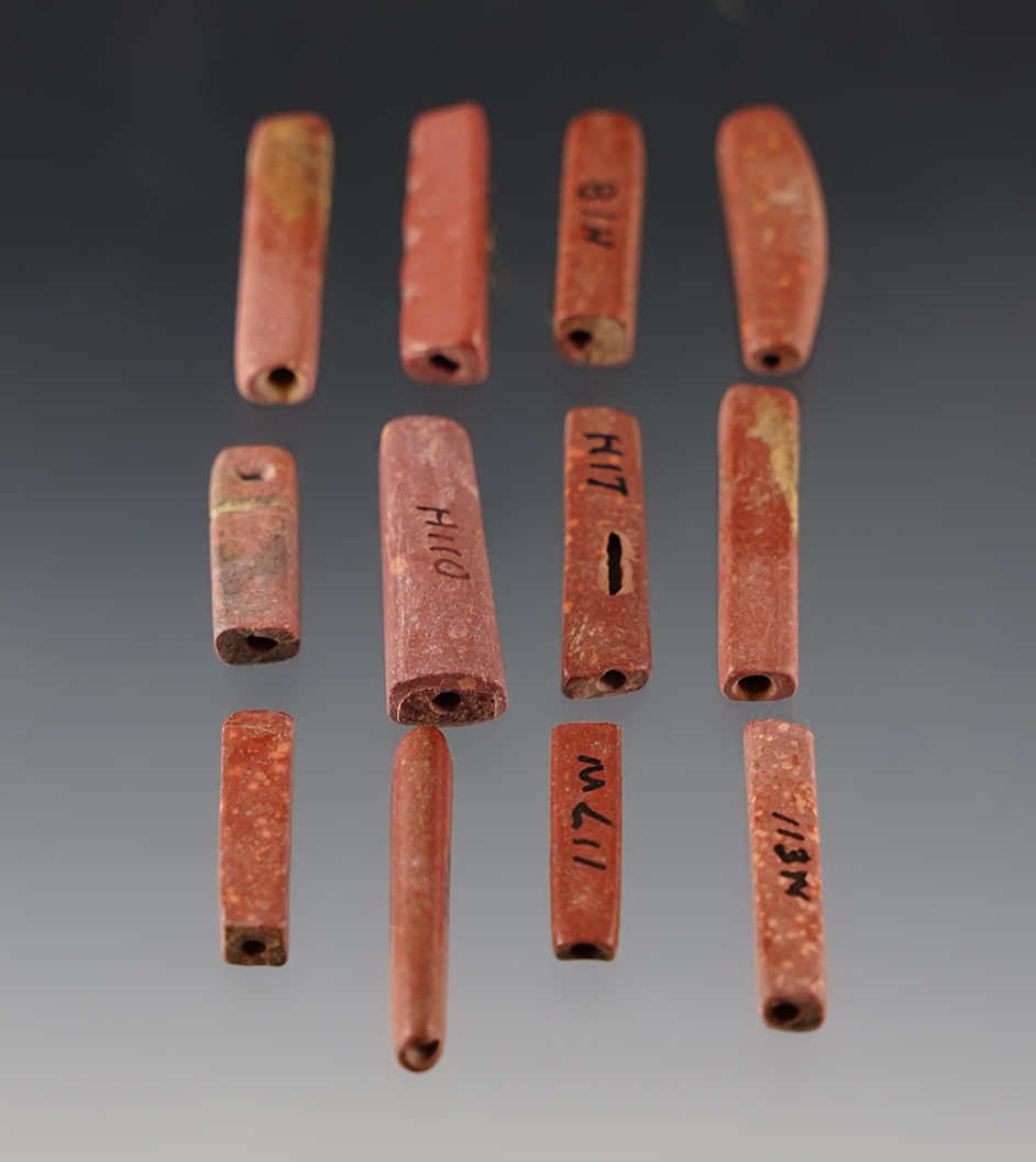 Set of 12 Catlinite Square Tube Beads - Townley-Read Site, Geneva, New York.
