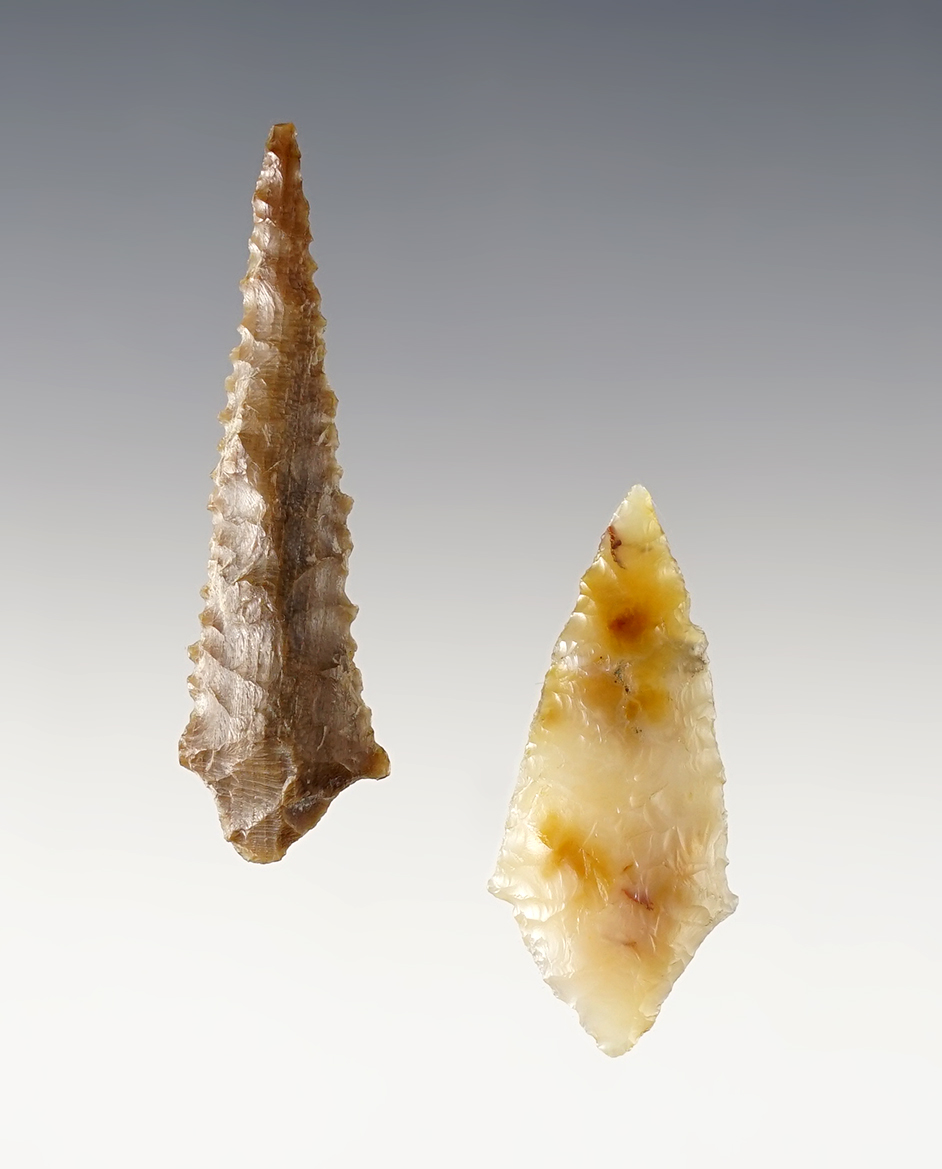 Pair of Rabbit Island points found in Washington. One is finely serrated. The largest is 2".
