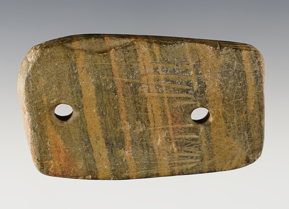 2 3/4" Engraved Gorget made from an exotic-colored Banded Slate. Portsmouth, Ohio. 