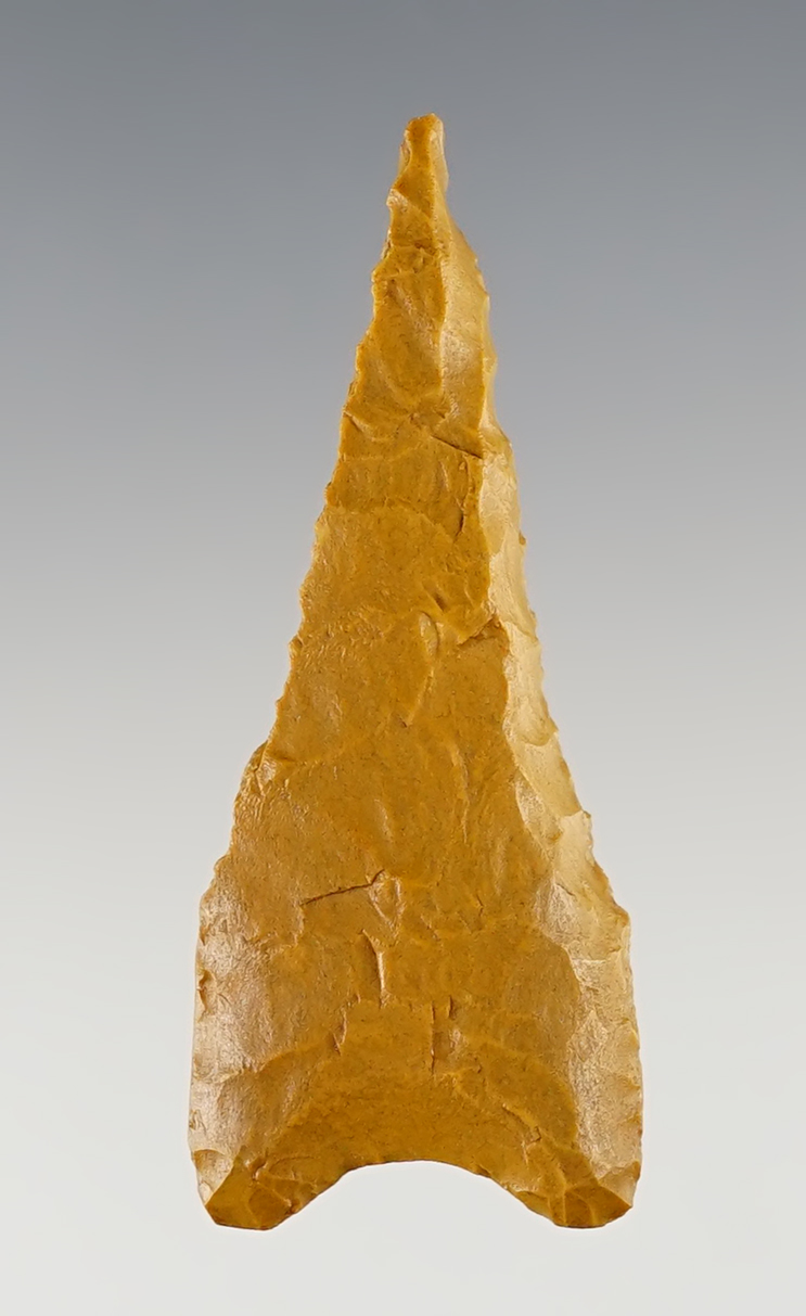 2 3/16" steeply beveled Dalton found in Southern Illinois. Made from patinated brown chert.