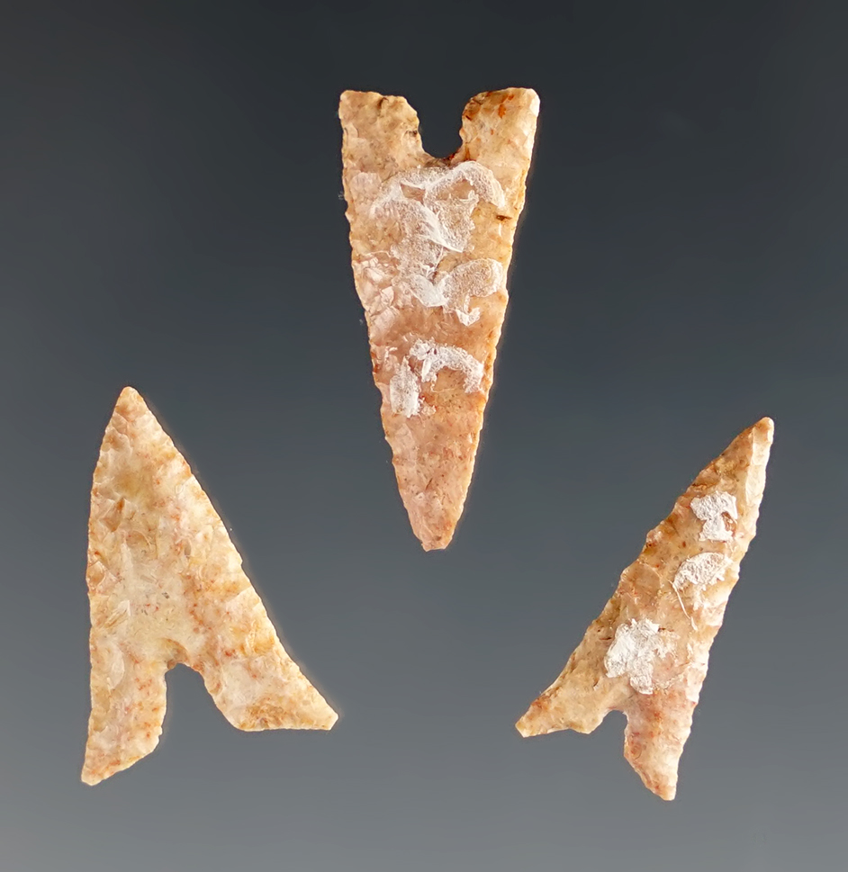 Set of 3 well patinated Garza Points found by Kaye Don Bruce in Texas. Largest is 7/8".