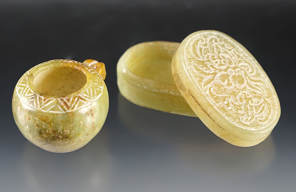 Pair of vintage Jade containers, largest is 1 13/16" . Exact age unknown. Recovered in China. 