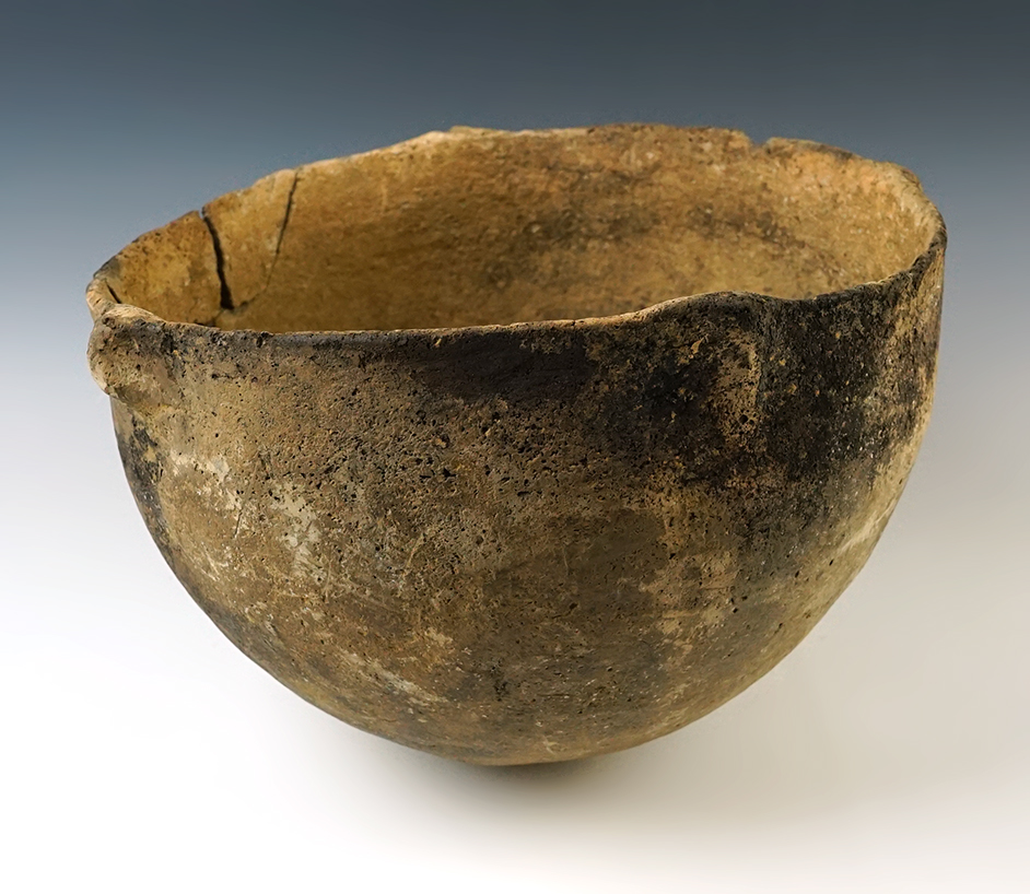 Large 9" wide by 6" tall Shell Tempered Clay Mississippian Pottery Vessel.