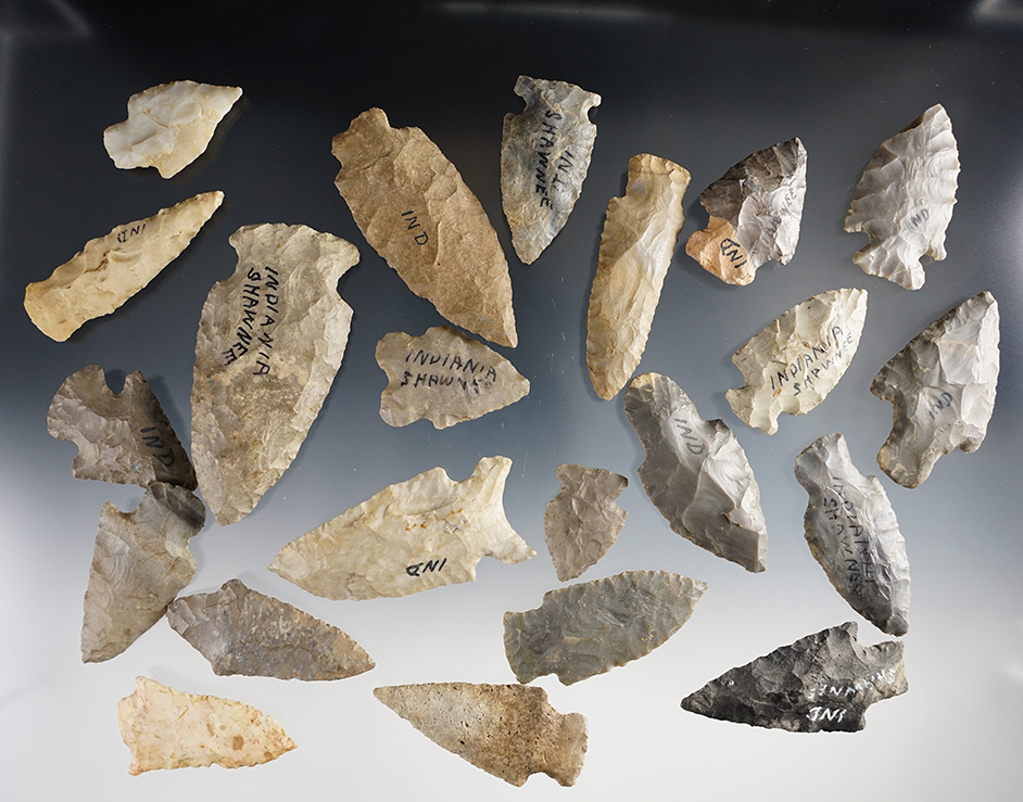 Group of 22 assorted arrowheads and Knives found in Indiana. Largest is 3 1/8".