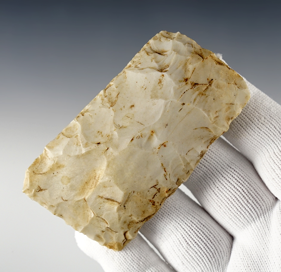 Fine 3 1/4" Paleo Square Knife found in Collinsville, Illinois. Heavily patinated.