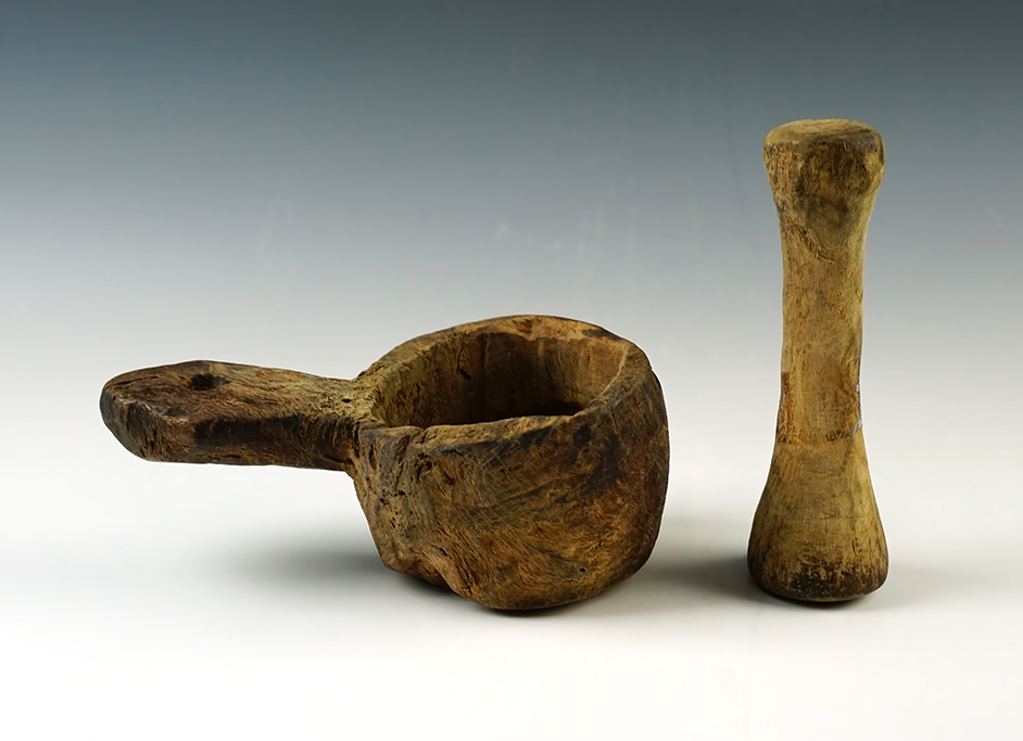 RARE Set! 6 1/4" long x 2 3/8" tall handled Iroquois Medicine Bowl and  matching Wood Pestle. 