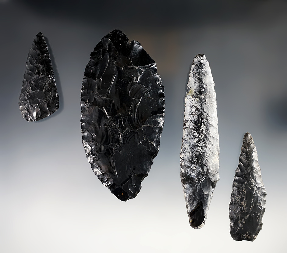 Set of 4 fine Obsidian points found in Utah and Oregon. The largest is 5 1/16".