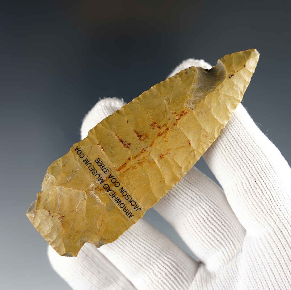 3 1/2" Scottsbluff made from heavily patinated flint. Found in Lawrence, Kansas. Jackson COA. 