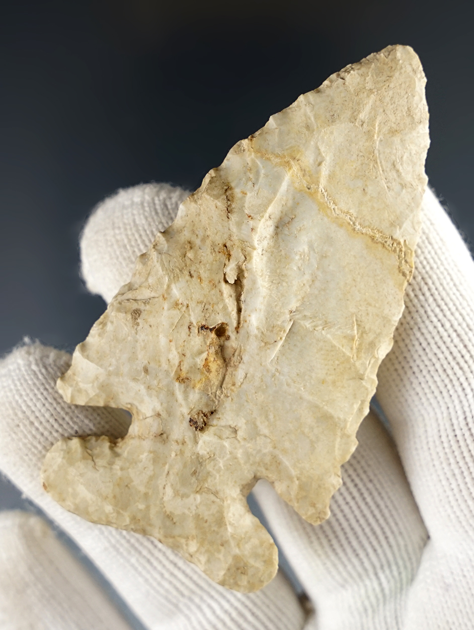 2 7/8" Thebes made from heavily patinated Burlington Chert. Found in Illinois. Pictured!