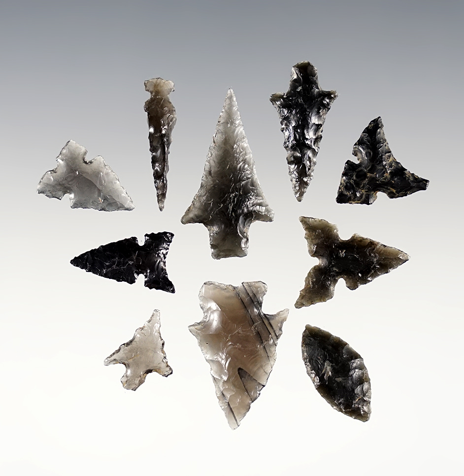 Set of 10 Obsidian points that are well patinated. Found near the Columbia River