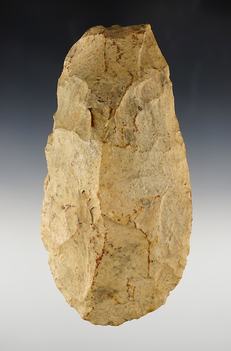 Heavily patinated 6 7/8" Hoe made from Mill Creek Chert. Found in Indiana. 