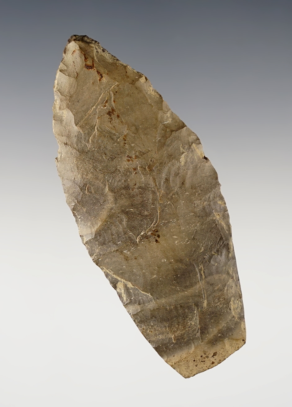 3 7/16" Paleo Knife found in Delaware Co., Ohio. Made from patinated Delaware Chert