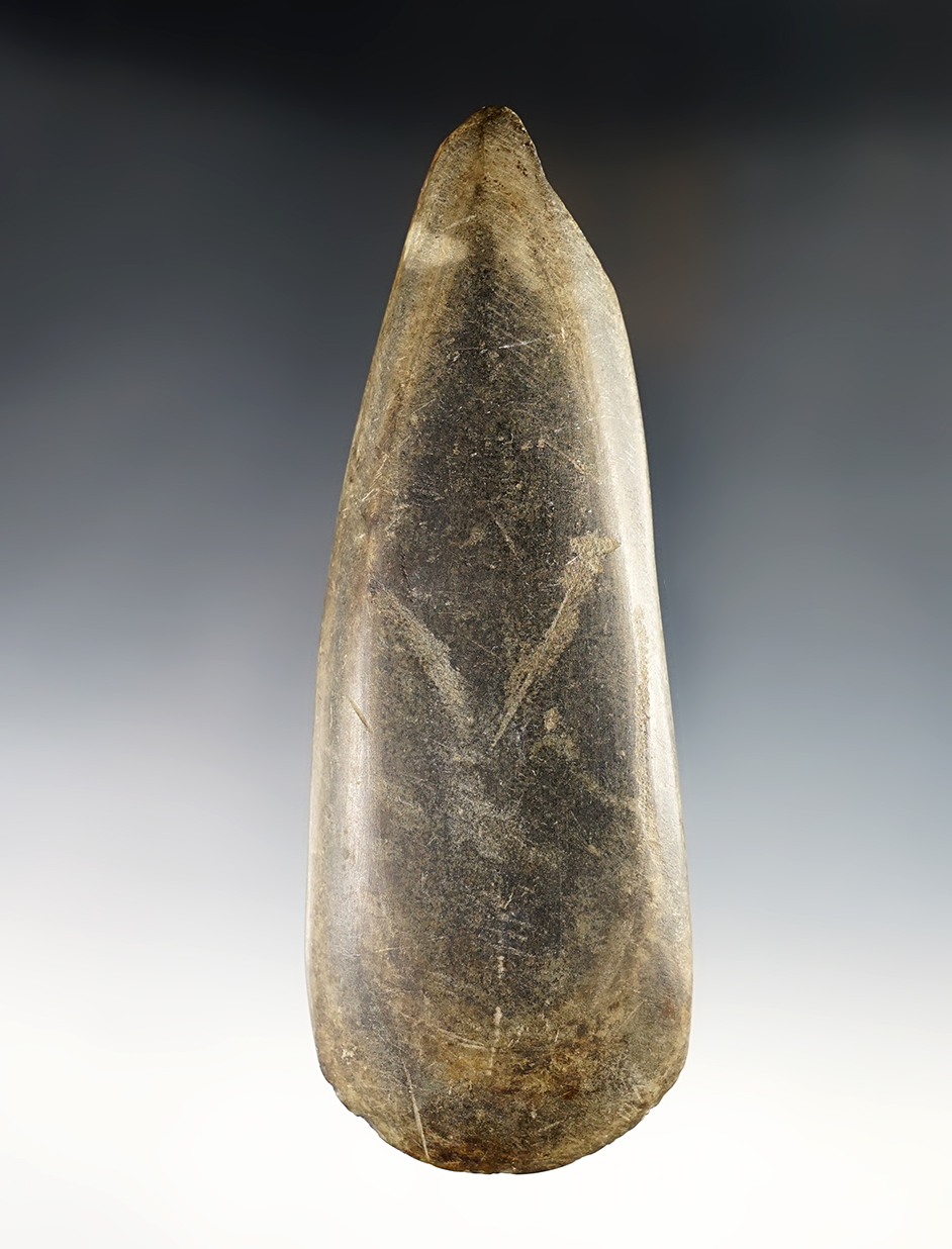 6 1/8" long Celt - green and black Banded Glacial Slate. Found in Portage Co., Ohio.