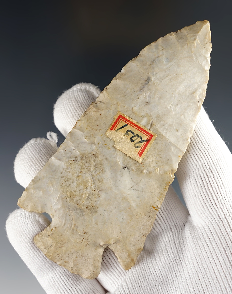 4" Burlington Chert Corner-Notch Dalton found in Adams Co., Illinois. 