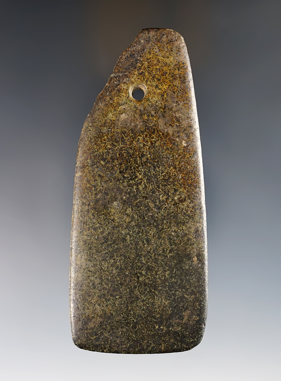 4 3/8” x 1 7/8" Pendant - highly polished hardstone. Diagonal break across the top.  Indiana. 