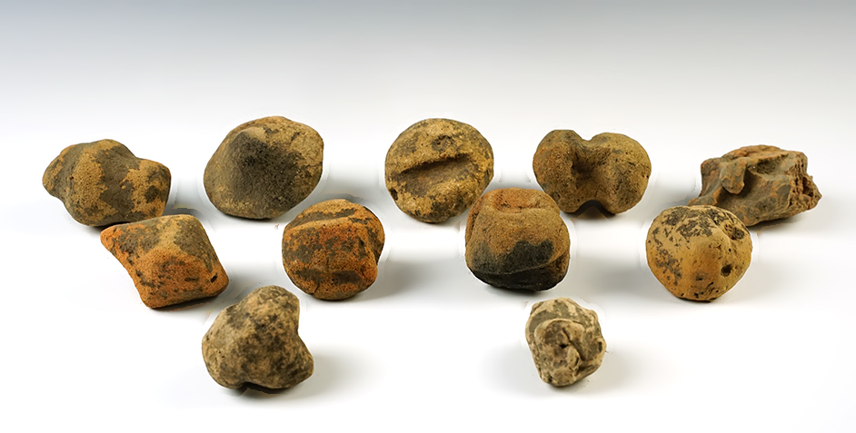 Set of 11 clay Cooking Balls, recovered at the Poverty Point Site in Louisianna. 