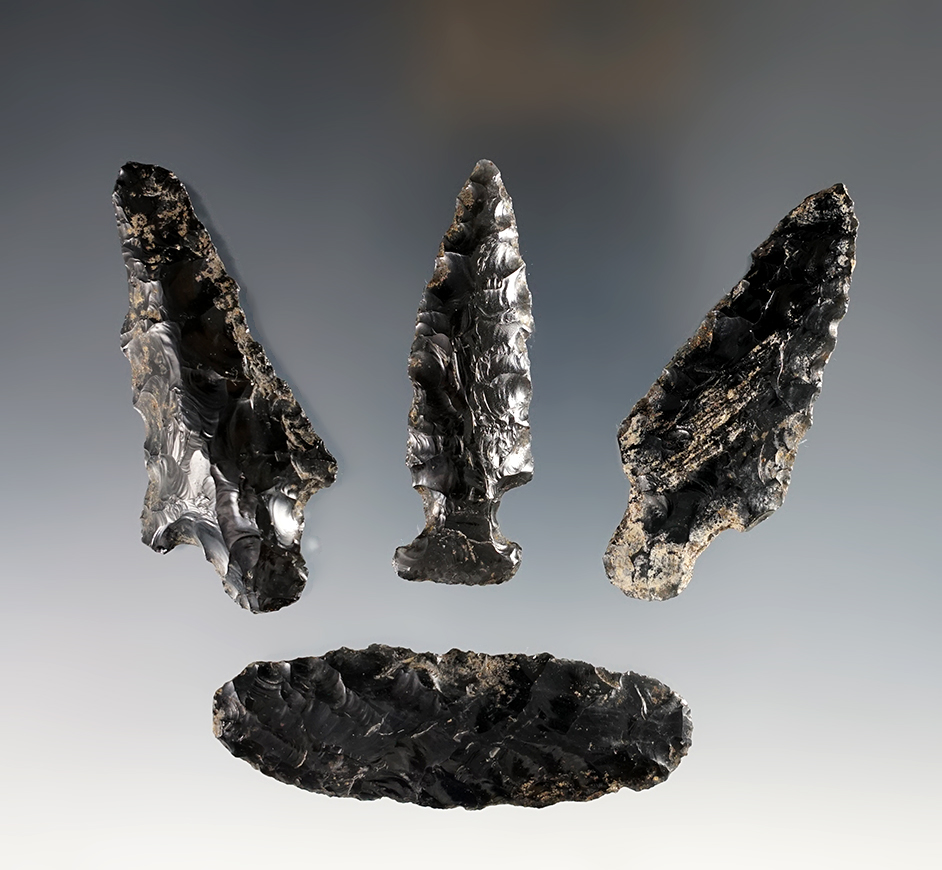Set of 4 nice Obsidian points found in Baja, California.  The largest is 2 5/8".