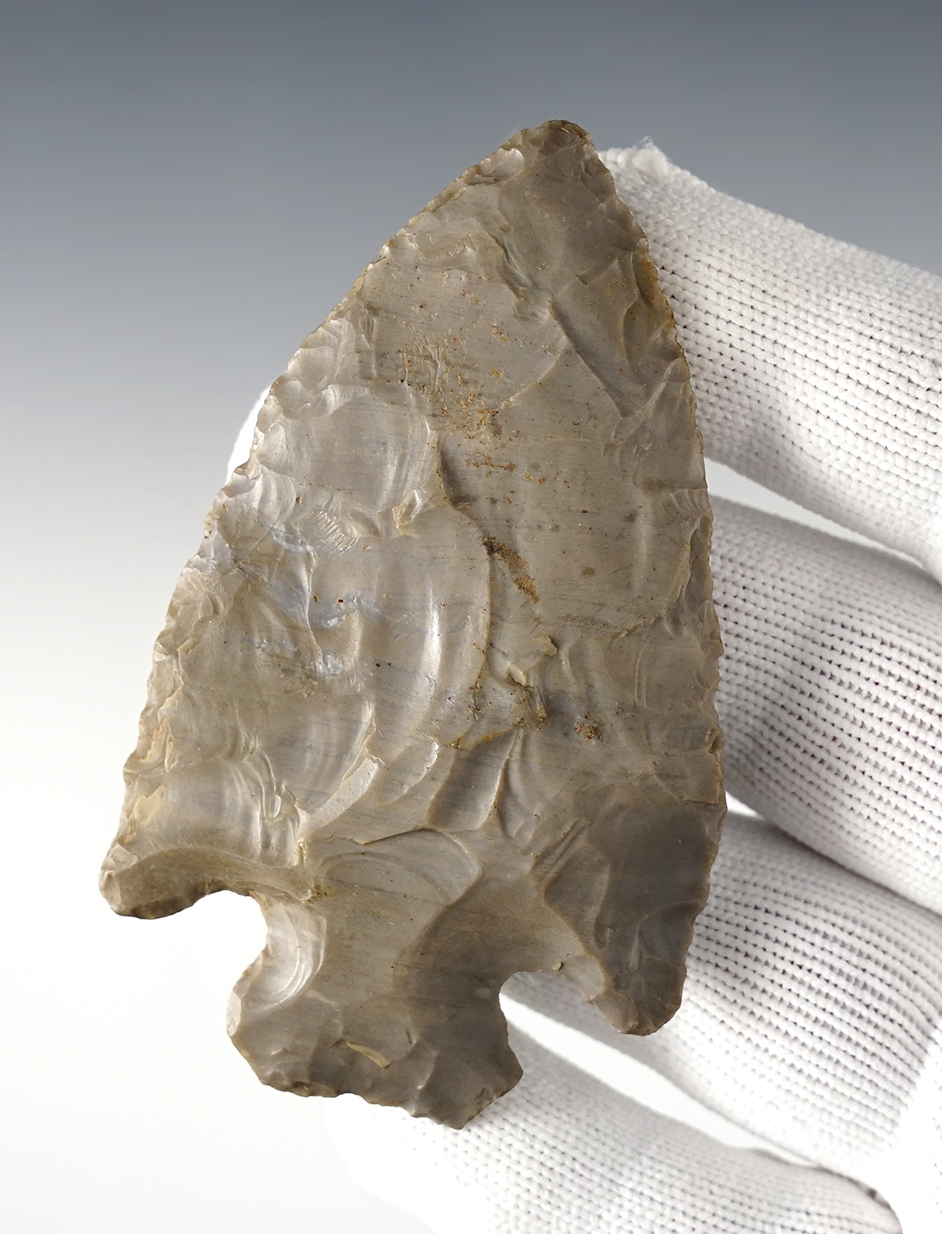 3 7/16" Cornernotched Knife made from patinated Hornstone. Found in Ohio.