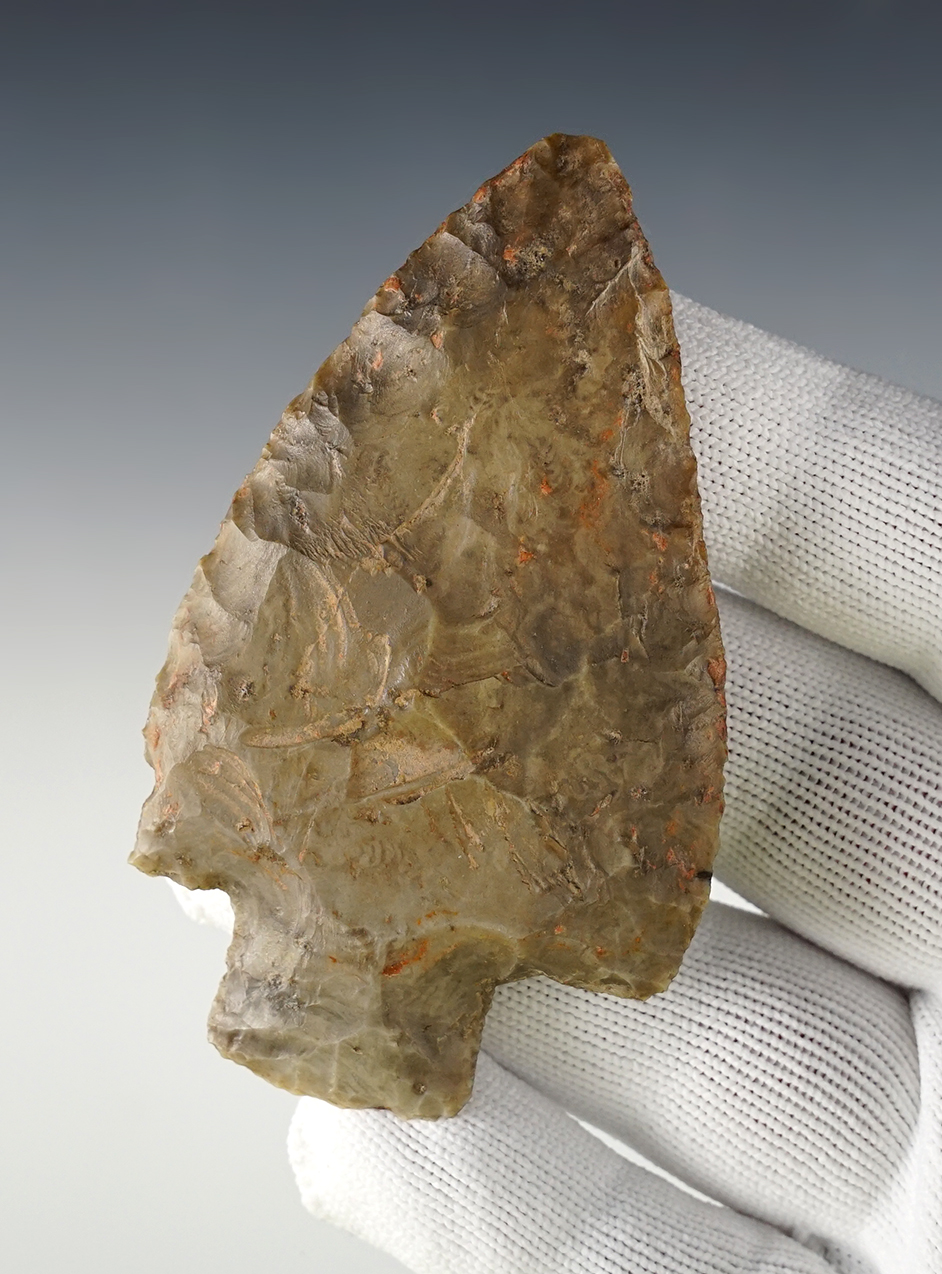 Well patinated 3 3/8" Flint Ridge Adena found in Elyria Co., Ohio. Ex. Raymond Vietzen.