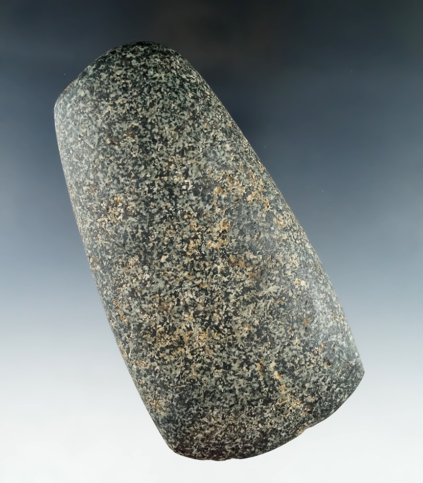 5 3/16" Hardstone Celt with nice bit polish, found by Vera Young's husband in Chelsea, Michigan.