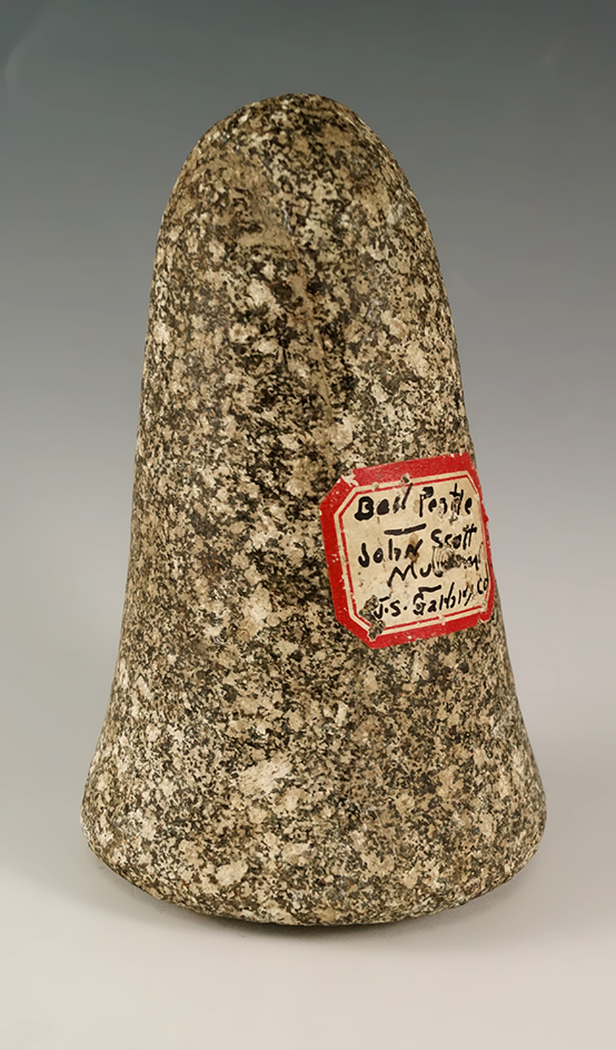 5 1/4" Bell Pestle with a nutting divot made from speckled Granite, found in Ohio.