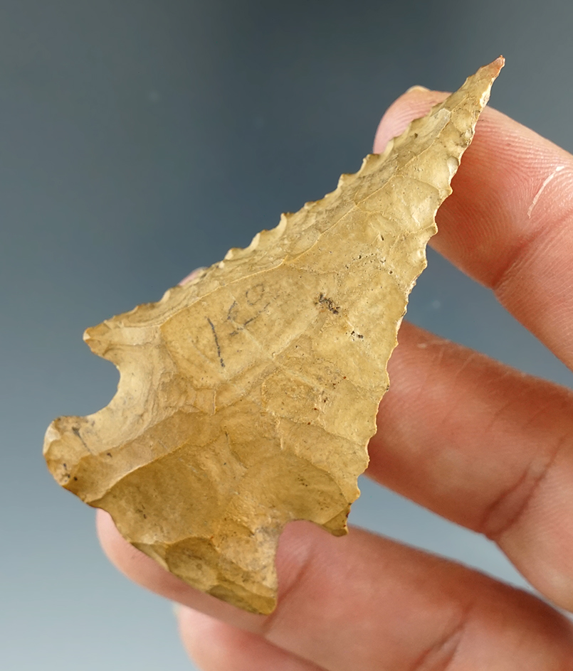 2 2/12" Archaic Bevel made from Jasper, found in Pennsylvania. Ex. Al Wakefield, Rocky Falleti.