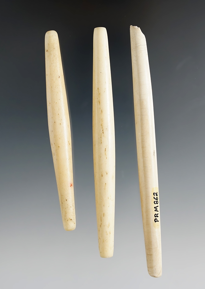 3 bone Hair Tube Beads found near Priest Rapids, Yakima Co., Washington. Bennett COA.