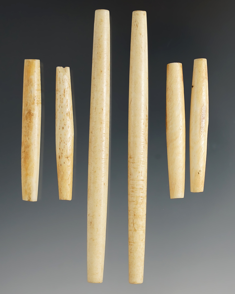 Set of six plains style hair tube beads made from bone, largest is 4 1/16".