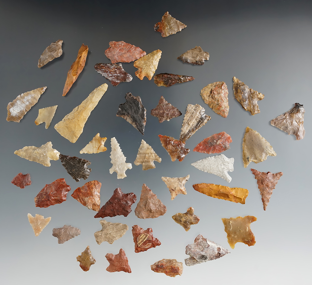 Group of 40 Texas area bird points and four drills, largest is 1 5/8".