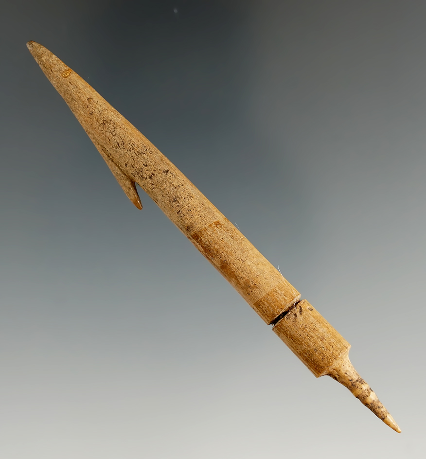3 13/16" Inuit socketed harpoon tip with a very nice Barb made from bone found in Alaska.