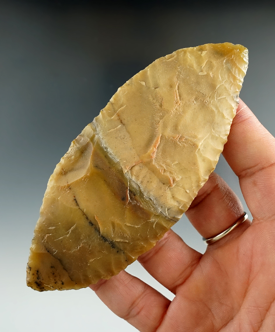 4 1/2" Paleo Bi-Pointed Knife made from Agate, found in Natrona Co., Wyoming.  Rogers COA.