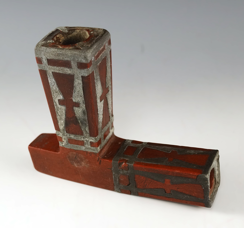 Circa 1800s 4 1/4" lead inlay Catlinite pipe. The lead has oxidized from age. Very nice design.