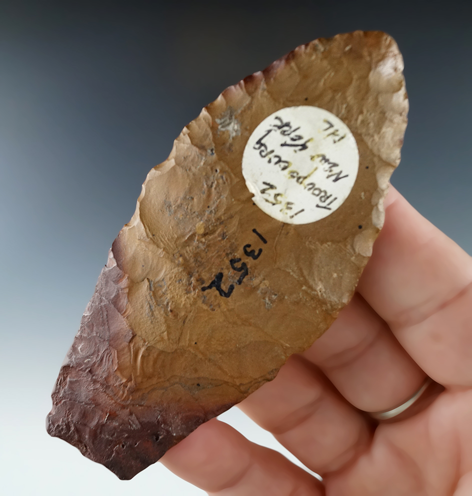 3 9/16" Jasper Paleo Lanceolate with restoration to tip and one basal corner - Steuben County NY.