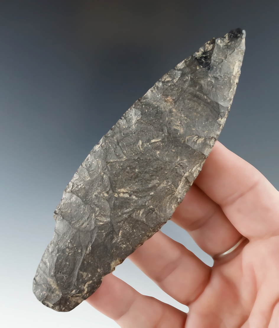 4 9/16" Adena that is heavily patinated made from Esopus chert found in New York.
