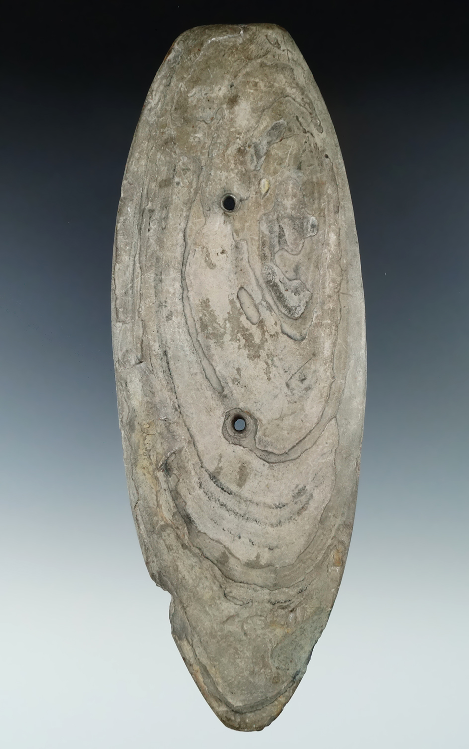 Very large 7 5/8" Glacial Kame Slate Gorget found near Lockport, Niagara County New York.