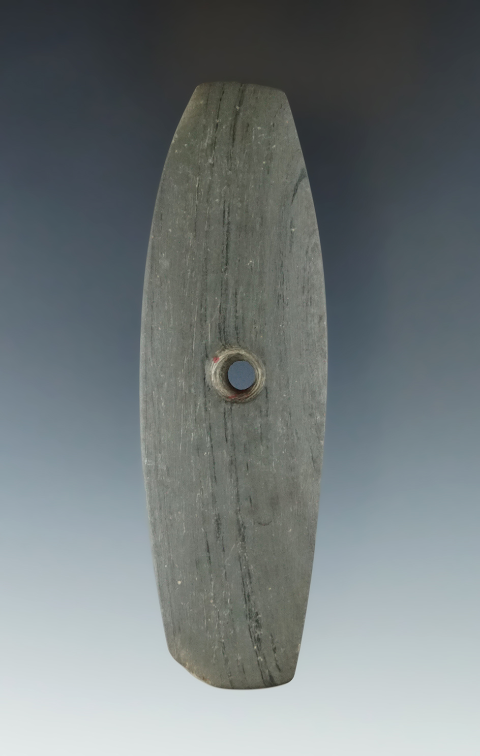 Uniquely styled 4 3/16" center perforated Elliptical Pendant found near the Genesee River, NY.