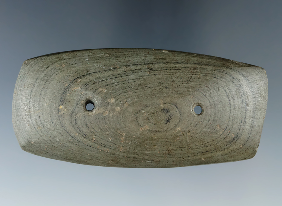 Uniquely styled 3 1/2" Adena Semi-Keeled Gorget found in Wyoming County New York.