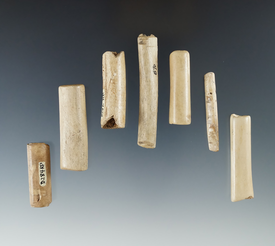 Set of seven Bone Tube Beads found in New York, largest is 2 1/2". Ex. Howdy Lang.