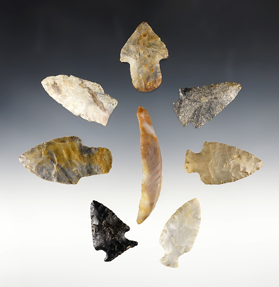 Set of 7 nice Ohio points and 1 Uniface Scraper. The largest is 2 3/8".
