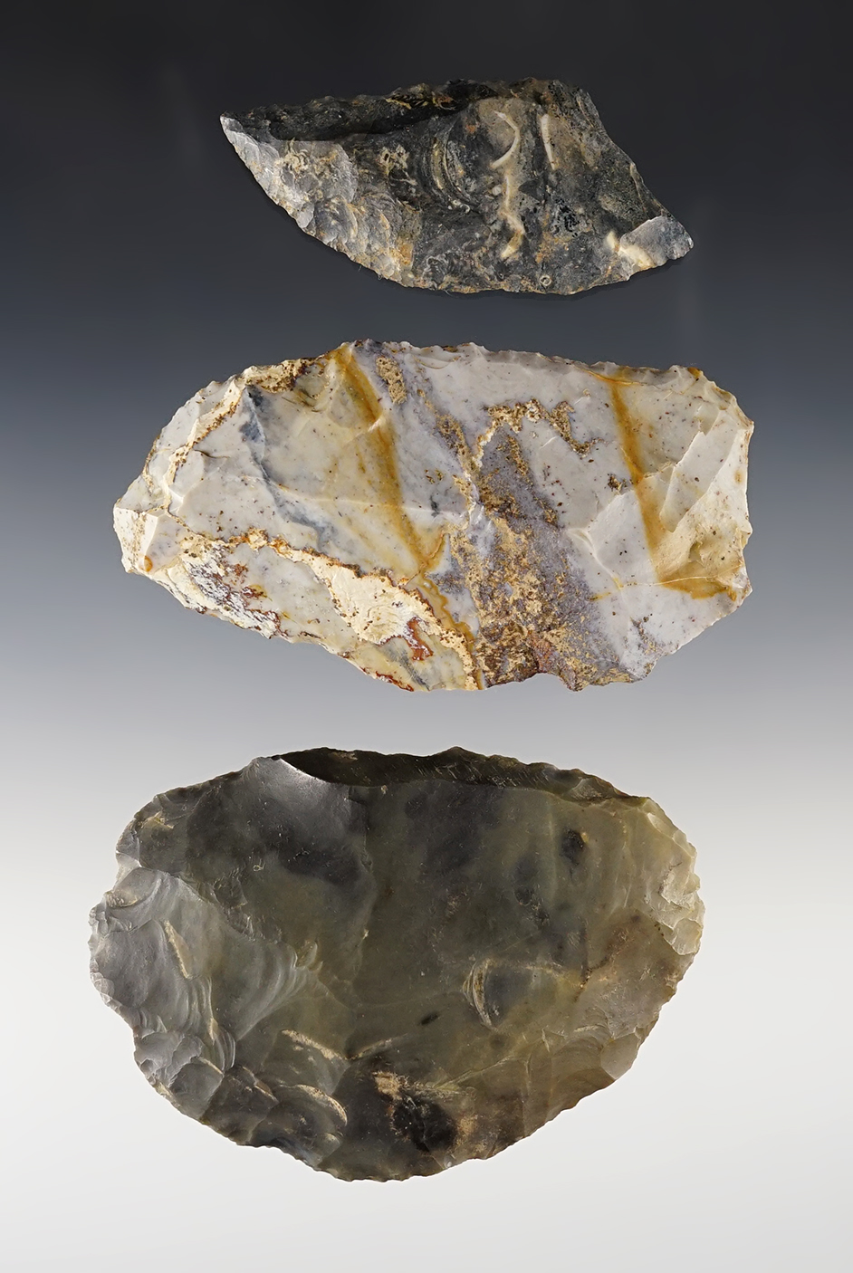 Set of 3 nice Ohio Paleo Uniface Knives. The largest is 3 3/8".