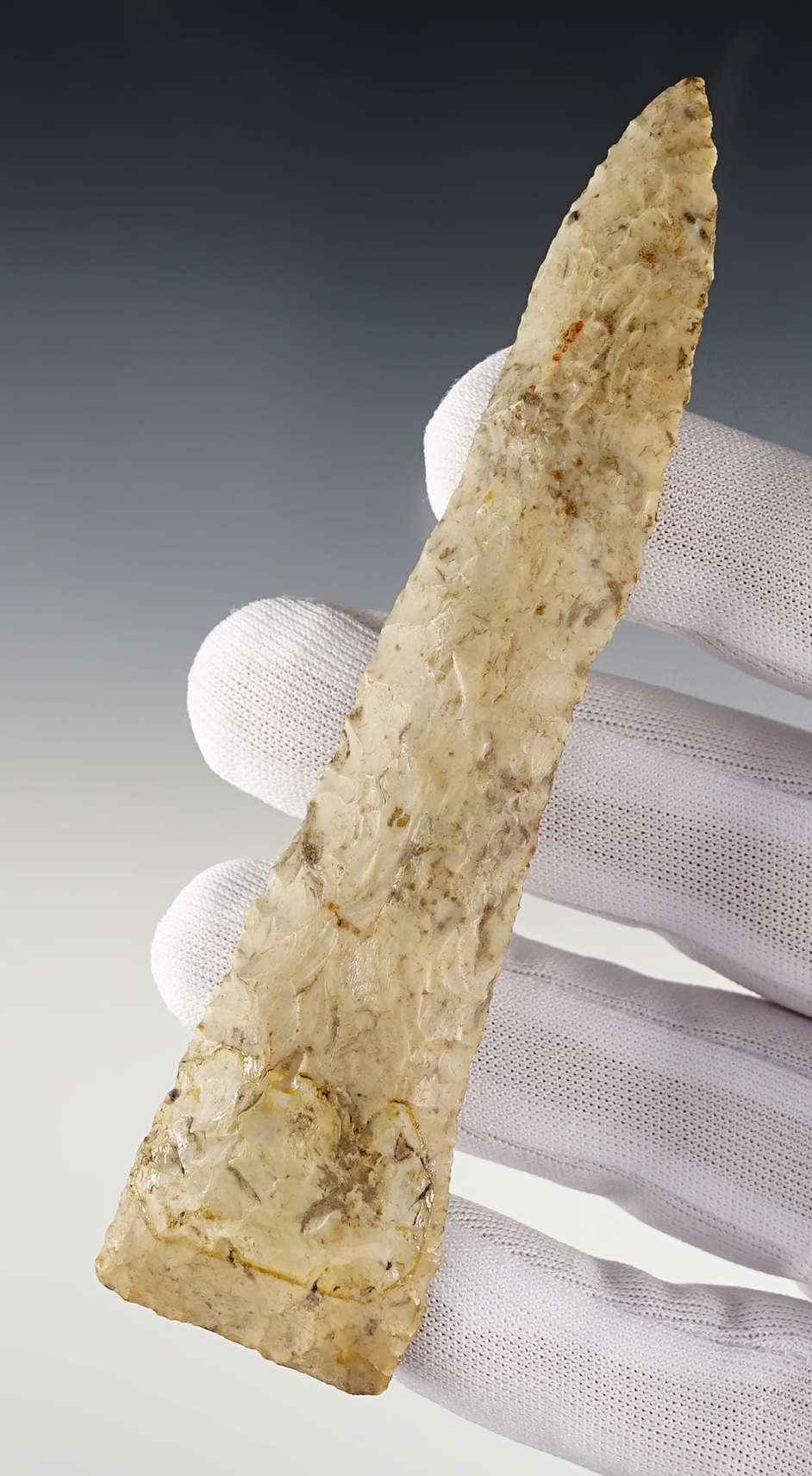 Slightly beveled 4 15/16" Missouri Knife. Well made from gray and cream-colored Chert.