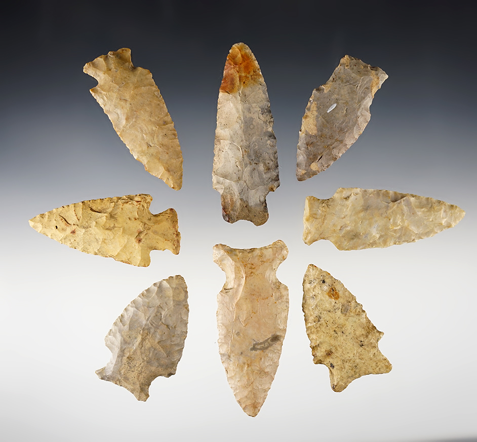 Set of 8 well patinated points found in various locations. All are in good to excellent condition. 