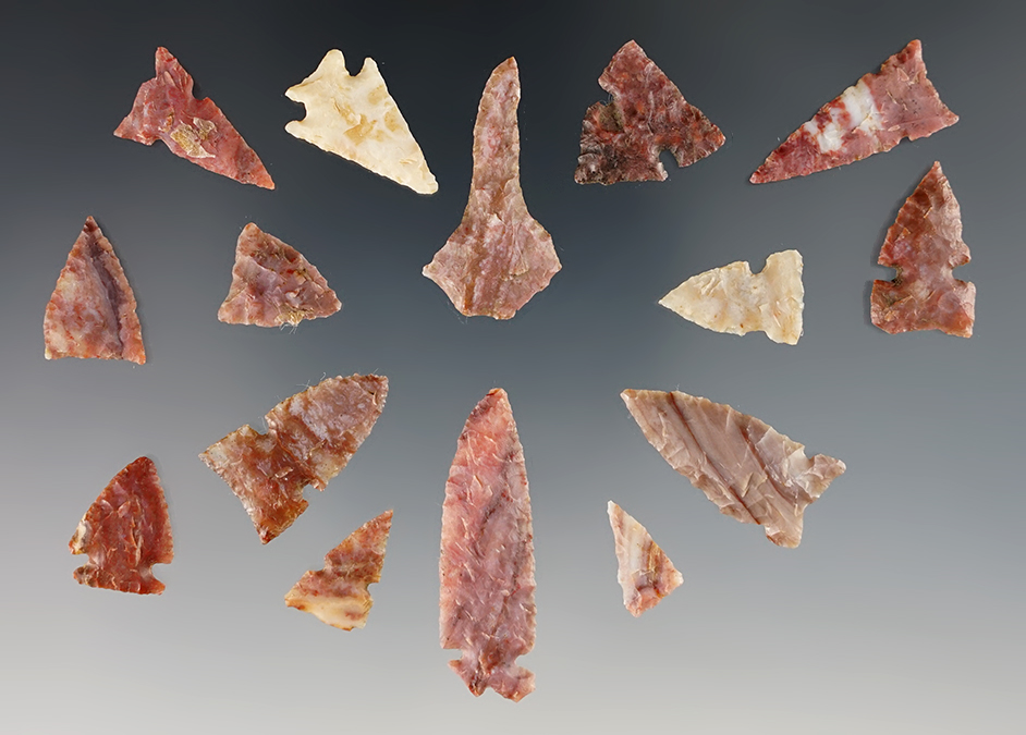 Set of 15 assorted Alibates and Tecovas Arrowheads found in Kansas. Some very colorful examples.