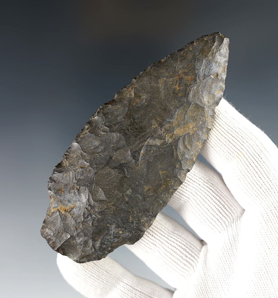 3 5/8" Stemmed Knife that is thin and well flaked. Made from Coshocton Flint. Found in Ohio.