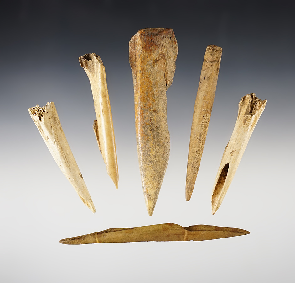 Set of 6 Bone Awls found in Kentucky. The largest is 4 1/2".