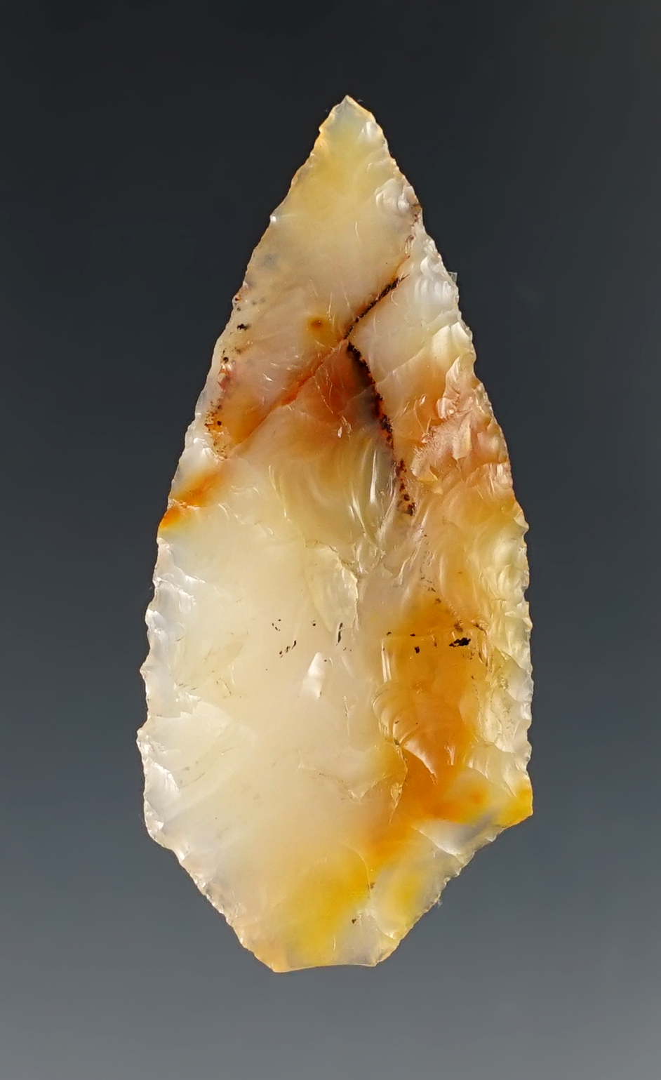 1 13/16" Columbia River Constricted Stem Point - translucent Agate, found in Washington. 