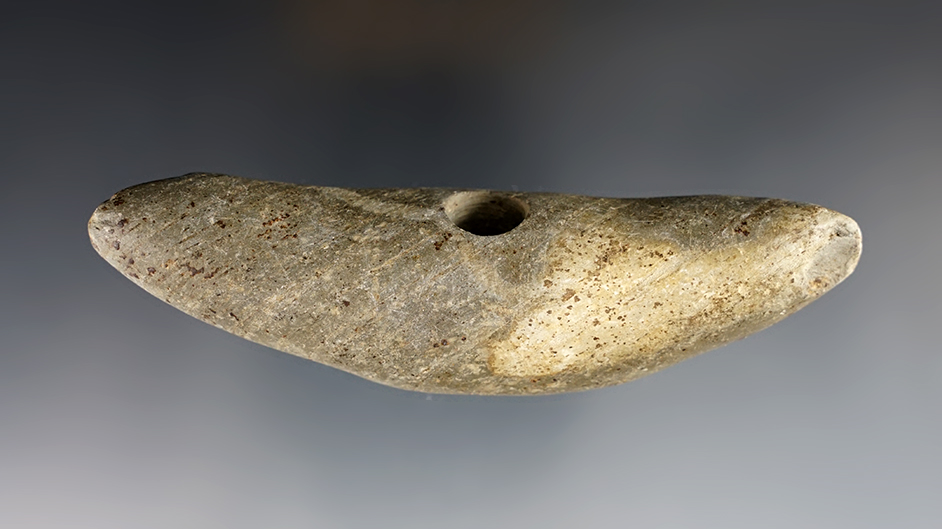 4 1/4" Banded Slate Pick Bannerstone that is highly patinated. Found in Richland Co., Ohio.