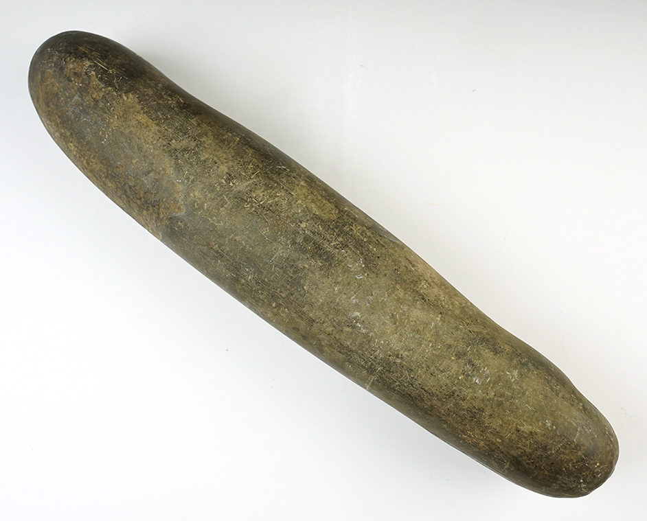 Large 14 1/2" Roller Pestle made from patinated Hardstone. Found in Indiana. Ex. McDaniel.